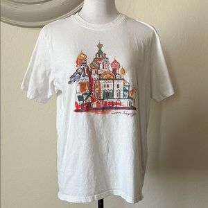 Red and White Short Sleeve Tee with Architectural Design. L